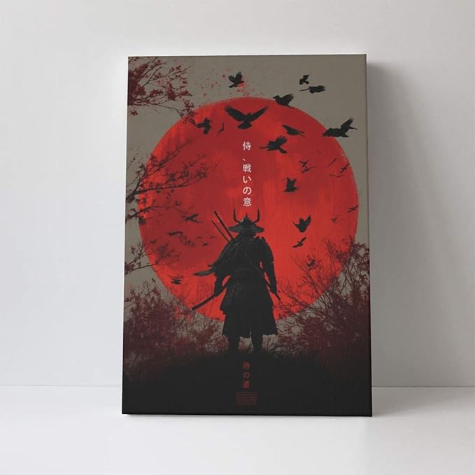 Japanese Armored Samurai Wall Art Modern Japan Warrior Canvas Wall Decor Asian Oriental Bushido Pictures Painting Print Artwork Framed Decorations Gifts for Room Bedroom Office Living Room 16"x24"