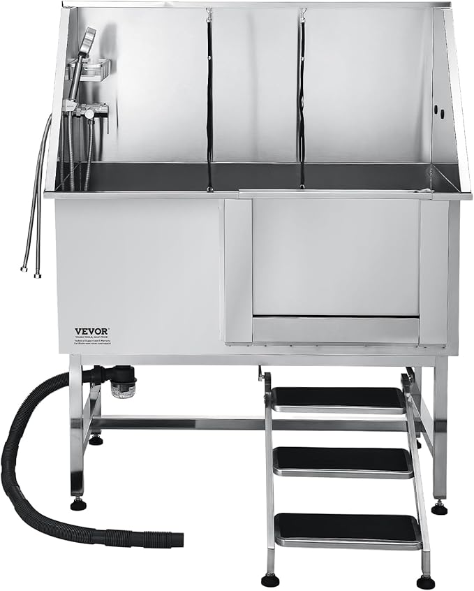 VEVOR Stainless Steel Dog Washing Station, 50 inch Pet Grooming Tub w/Stairs, PE Water Filter Board, Faucet & Showerhead & Soap Holder Dog Bathtub for Large & Medium & Small Pets (Right Door)
