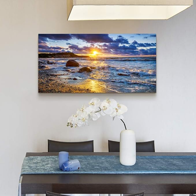 canvas wall art for living room bedroom Wall Decor blue ocean landscape painting Hang Home Decoration office bathroom kitchen sun beach sea golden Waves on the beach canvas art Prints pictures Works