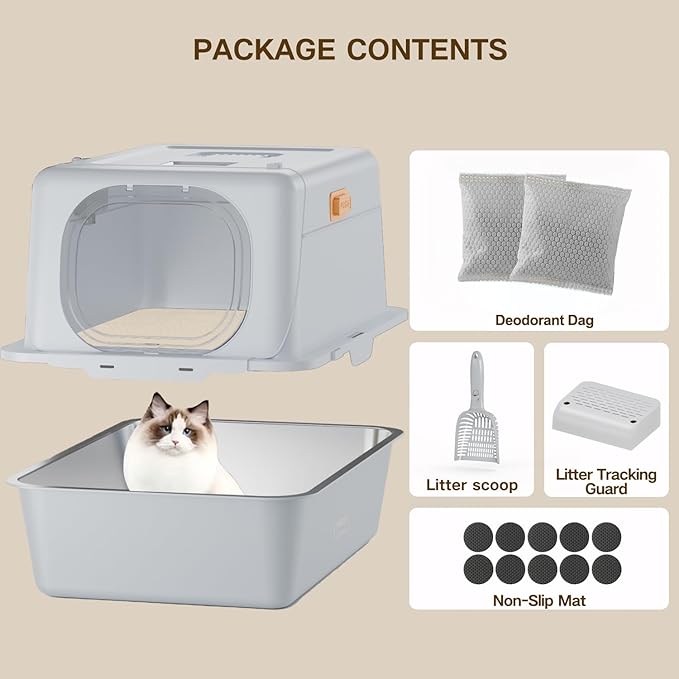 XX-Large Stainless Steel Cat Litter Box with Lid – Fully Enclosed Large Litter Box for Big Cats, Odor Control with Magnetic Door, Easy Clean, Multi-Cat Durable Metal Pan.(White-Gray)