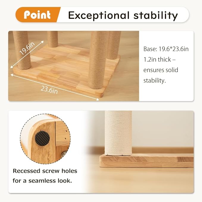 74" Wooden Cat Tree Tower for Large Cats, Multi-Level Cat Climbing Furniture with Scratching Posts, Cat Condo & Hammock, Natural Wood Cat Activity Center (White)