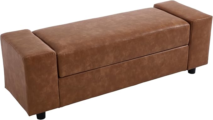 55" End of Bed Storage Bench Ottoman for Bedroom, Faux Leather Upholstered Entryway Bench Long Window Seating for Corner/Living Room/Recption Room/Office/Shop, Brown