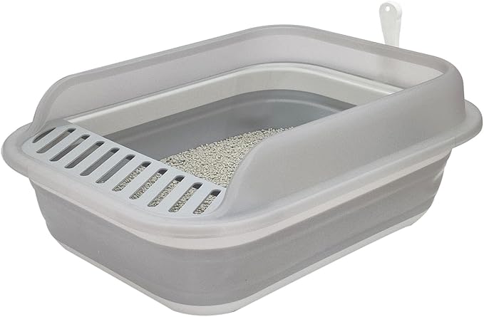 Open Cat Litter Box with High Side, Anti-Splashing Kitty Litter Pan Collapsible Travel Litter Potty Pan Scoop Leak-Proof Pedal Cat Toilet No Smell Easy Clean (M Gray High Side)
