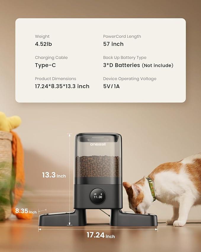 oneisall Automatic Cat Feeders 2 Cats, 20 Cups/5L Cat Auto Feeder, Automatic Cats Food Dispenser for Small Pets Indoor, Timed Pet Feeder for Dry Food