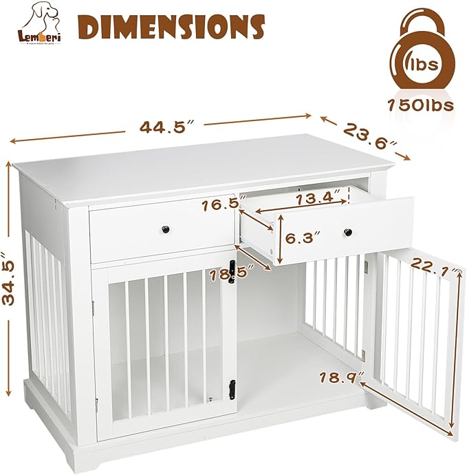 LEMBERI 44 Inch Large Dog Crate Furniture, Wooden Dog Kennel End Table with Storage Drawers, Decorative Pet Cage Dog House Indoor for Dogs