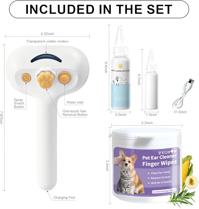 Pet Steam Brush for Dog & Cat–3-in-1 Spray Hair Removal Comb–Steam Brush for Shedding & Grooming–Water Brushes for Long & Short Haired Pets–Spritz Defur Comb–Includes Waterless Shampoo & Ear Wipes