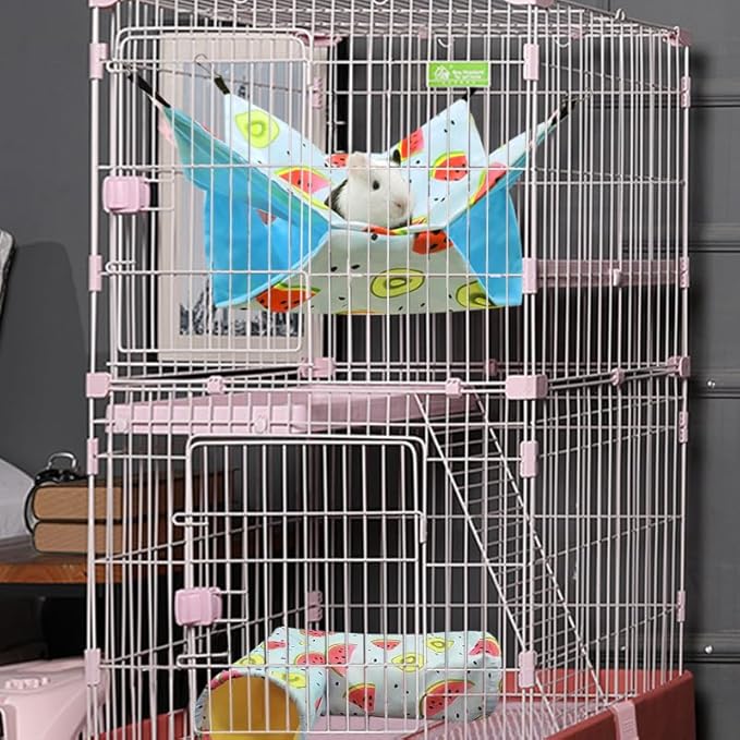 Large Caliber Guinea Pig & Rat Tunnel Hideout & Hammock, Corner Hideout Toy for Guinea Pig, Ferret, Hedgehog & Piggy to Hide and Shuttle (3. Hammock&Tunnel-Watermelon)
