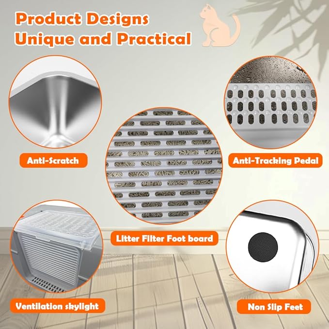 Vivifying Stainless Steel Litter Box with Lid, XL Side Entry Extra Large Litter Box for Big Cats & Kitty, Removable Enclosed Metal Cat Pan with High Sided Enclosure, Scoop, Mat, Footboard (Gray)