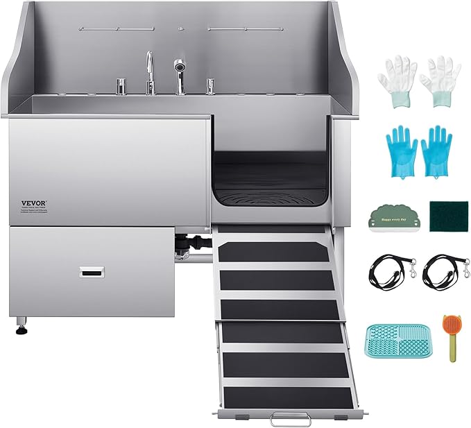 VEVOR Professional 304 Stainless Steel Dog Bathing Station, 61 inch Pet Grooming Tub w/Anti-Slip ramp, Storage Drawer, Cold Hot Faucet Showerhead for Large & Medium & Small (Right Door, with Drawer)
