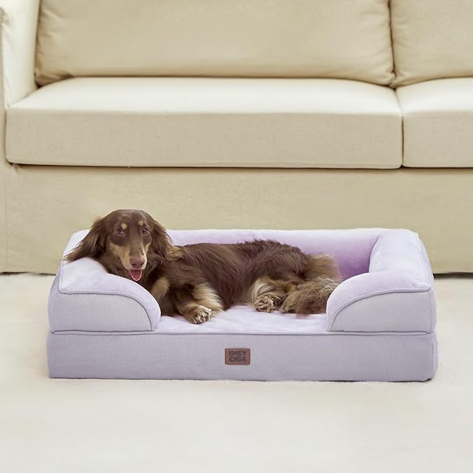 EHEYCIGA Orthopedic Dog Beds for Large Dogs, Waterproof Memory Foam Large Pet Bed with Sides, Non-Slip Bottom and Egg-Crate Foam Dog Couch Bed with Washable Removable Cover, Lilac