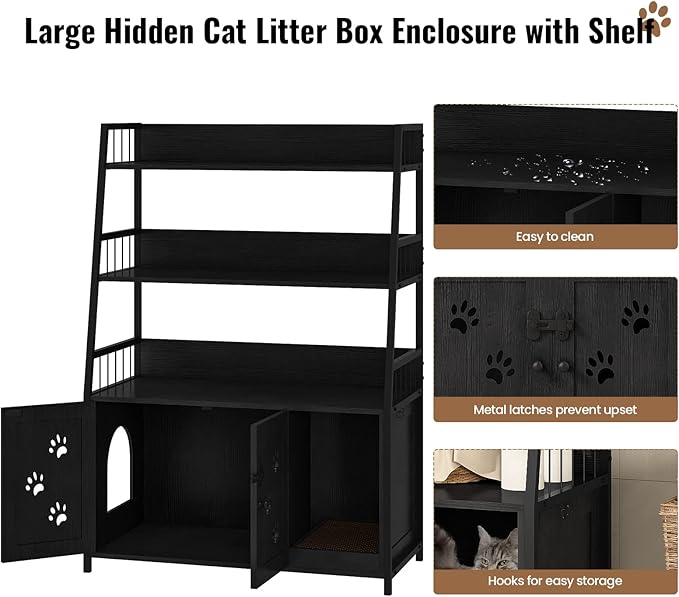 Recaceik Large Cat Litter Box Enclosure with Shelf Storage, Hidden Cat Washroom Furniture, Wooden Cat House with Scratch Pad, Sturdy Indoor Cat Cabinet with 2 Doors, Black
