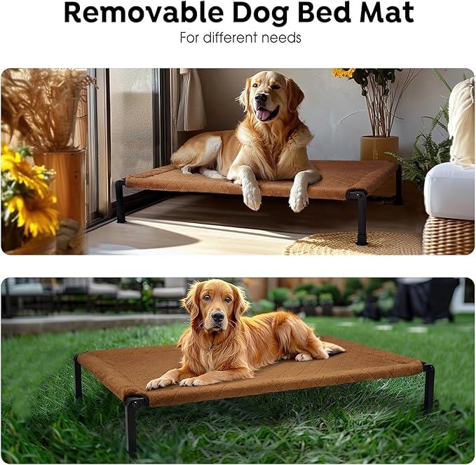 Veehoo Soft Plush Elevated Dog Bed, Raised Dog Beds with Heavy Duty Frame, Non-Slip Silicon Feet, Washable & Breathable Pet Cot for Indoor or Outdoor Use, 47" x 29", Brown, CWC2432A