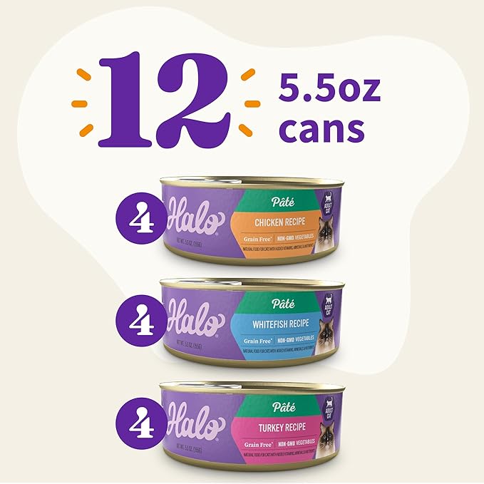 Halo Wet Cat Food Variety Pack, Three Canned Wet Cat Pate, Chicken, Turkey & Whitefish, 5.5 Oz Can (Pack of 12)