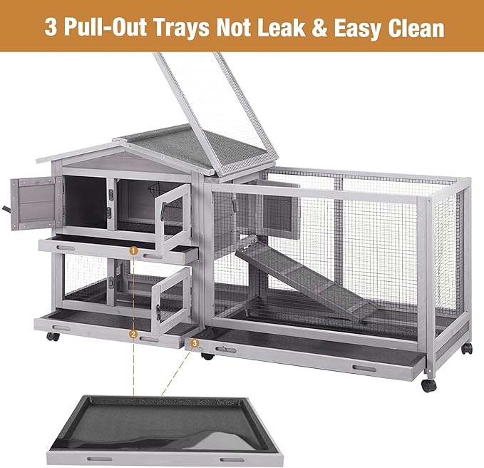 Bunny Cage Indoor and Outdoor Rabbit Hutch with Casters Waterproof Roof, Pull Out Tray from Back and Front 61.2" L x 22.6" W x 33.5" H