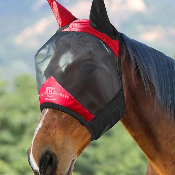 Harrison Howard Pro Luminous Horse Fly Mask Standard with Ears UV Protection for Horse Scarlet Red/Black Small Pony