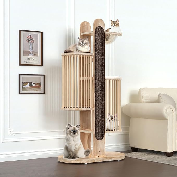 Modern Cat Tree Tower for Indoor Cats, 67" Tall Solid Wooden Cat Tower with Scratching Posts, 6 Level Natural Luxury Cat House with Big Bed, Washable Cushions Cat Furniture for Large Cats Brown