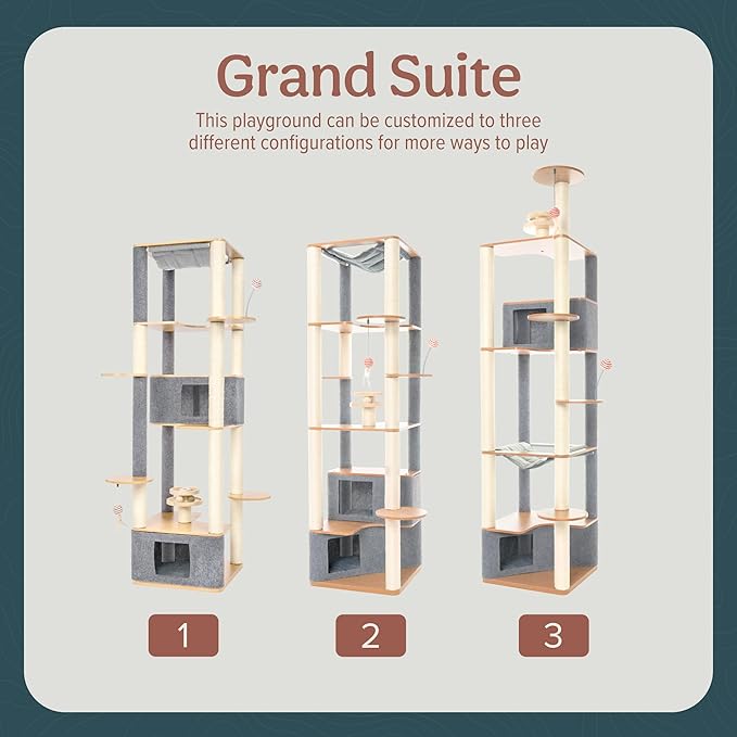 Ascentials - Grand Suite Cat Scratcher Playground - Tall Cat Tower Playground Structure, Sisal Scratching Areas, Grey Felt, Bamboo Veneer w/Linen & Velvet Surface Areas