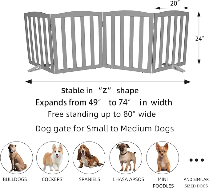 ZJSF Foldable Freestanding Indoor Dog Gate for House Wood Long Pet Gates Dog Fence for Stairs Puppy Gates for Hallways, Puppy Gate,Support Feet Included, Grey, 24 "Height-4 Panels