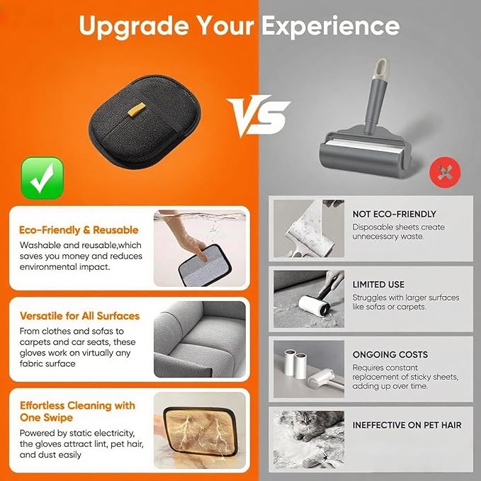 2Pcs Pet Hair Removal Gloves for Dogs and Cats, 2025 Upgraded Electrostatic Magic Hair Remover Glove,Reusable for Couch, Car Seat, Clothing, Carpet, Furniture & Bed Sheets(Black)