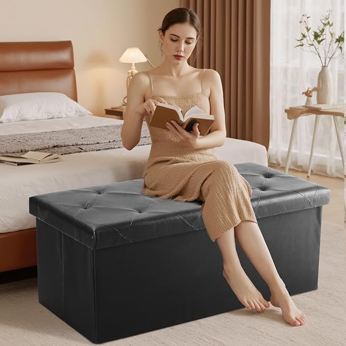Sweetcrispy 43 Inches Folding Ottoman with Storage Bench, Foot Rest Stool, End of Bed Storage Bench Upholstered, Load 660 lbs, for Living Room, Lychee Grain Leather, Black