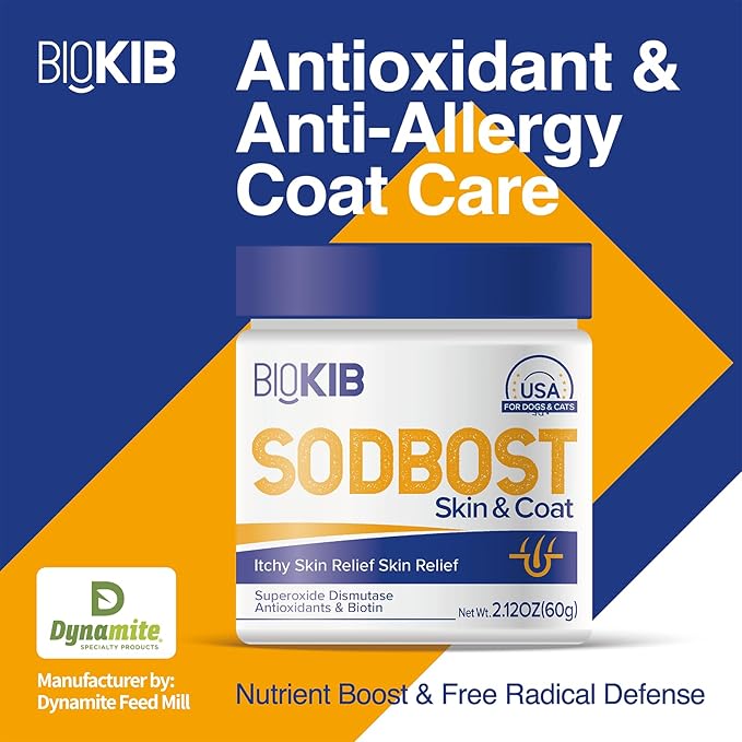 SODBOST Dog Allergy & Itch Relief, Cat Skin & Coat Supplement Powder -SOD Enzyme Skin Relief Formula for Allergy & Itch Relief & Reduces Shedding - Plant-Based, Made in USA - 60 Scoops