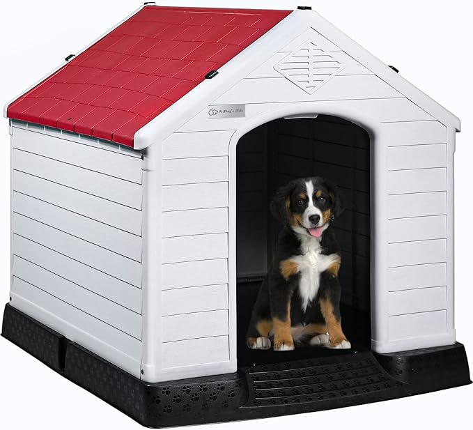 LEMBERI Durable Waterproof Plastic Dog House for Small to Large Sized Dogs, Indoor Outdoor Doghouse Puppy Shelter with Elevated Floor, Easy to Assemble (Red, 34''L*31''W*32''H)