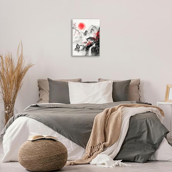 Japanese Wall Art Canvas Asian Nature Wall Decor Prints Framed Painting Mountain Landscape Pictures Gifts Artwork for Bathroom 12"x16"