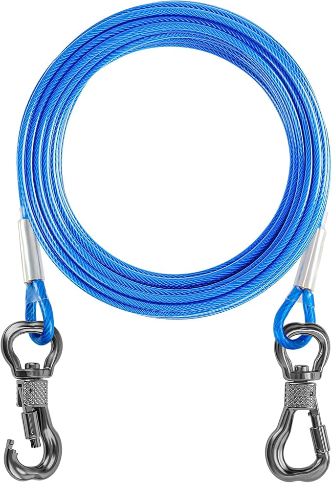 Tresbro 30FT Reflective Tie Out Cable for Dogs Up to 250 Pounds, Steel Wire Lead Leash Cable with Stainless Rotatable Clip, Lightweight and Enduring, Dog Lead Chains for Outside,Yard,Camping, Blue