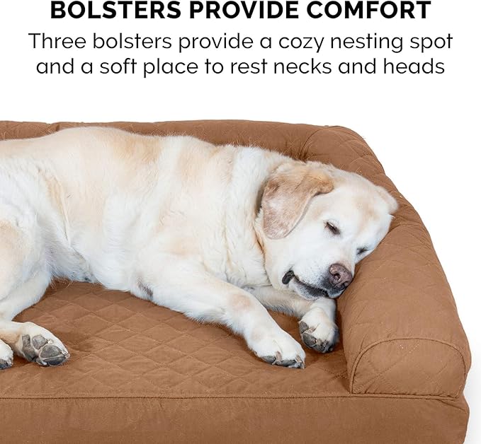 Furhaven Cooling Gel Dog Bed for Large Dogs w/ Removable Bolsters & Washable Cover, For Dogs Up to 125 lbs - Quilted Sofa - Toasted Brown, Jumbo Plus/XXL