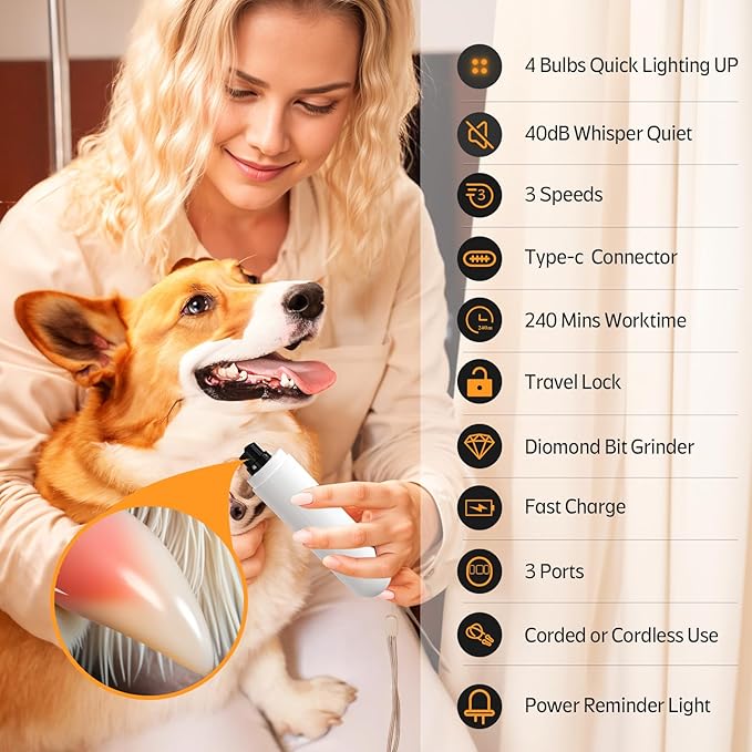 YABIFE 4-Lights Dog Nail Grinder, Easy Quick Locate Dog Nail Trimmers, for Puppy Paw Toenails or Pets from Small, Medium to Large, with Travel Lock, Whisper Quiet, Heavy Duty 3 Speeds