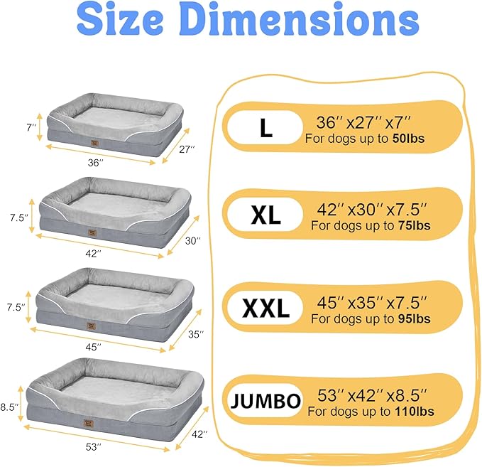 Washable Orthopedic Large Dog Bed - Removable Waterproof Cover with Bolster Extra Large Dog Bed Foam Support XL Large Big Pet Dogs Beds