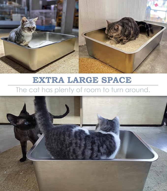 Stainless Steel Cat Litter Box, 4in Shallow Litter Box for Senior Cats and Kittens, Extra Large Metal Litter Pan Nonstick Odor Control Anti-Corrosion