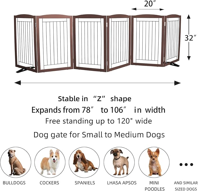 ZJSF Freestanding Dog Fence Indoor, Foldable Dog Gate for Doorways, Stairs or Hallways, Sturdy Wood Extra Wide Pet Gate with Support Feet for The House, Brown, 32 "Height-6 Panels