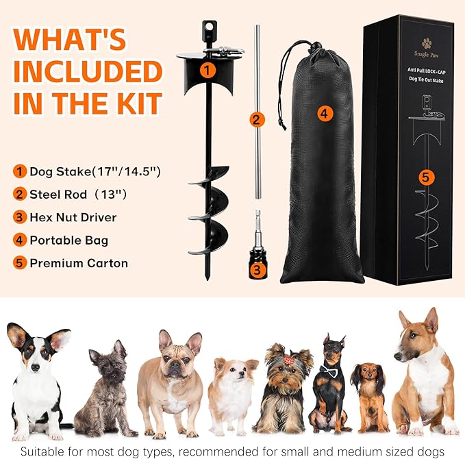 Snagle Paw Dog Tie Out Stake with Lock-Cap Prevents Pulling Out - Heavy Duty 360°Swivel Dog Stake for Outside,Yard, Beach & Camping - Rust Proof Ground Anchor for Dog Cable,Leash,Tether,up to 220 lbs