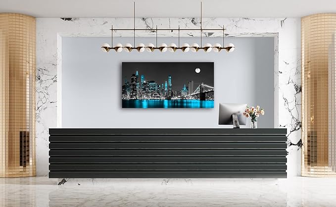 Jiuqinghua Wall Art Decor Canvas Print Picture 1 Panel Black White and Blue New York Brooklyn Bridge Cityscape Night Building Painting for Kitchen Office Home Decor Framed Ready to Hang 20x40inch