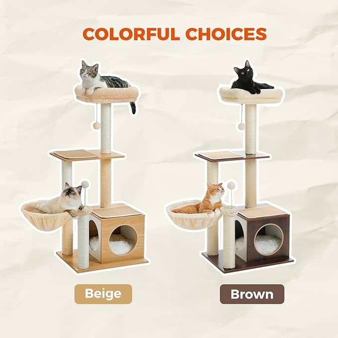 PEQULTI Modern Cat Tree for Indoor Cats,Multilevel Play House Cat Tower with Cat Condo, Scratching Post, Cozy Hammock and Plush Pompom, Brown