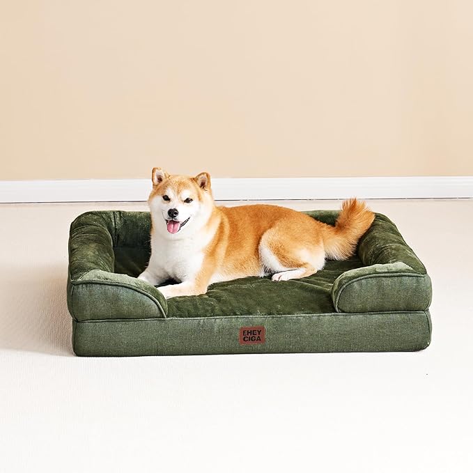 EHEYCIGA Orthopedic Dog Bed for Small Dogs, Waterproof Memory Foam Small Dog Beds with Sides, Non-Slip Bottom and Egg-Crate Foam Medium Pet Couch Bed with Washable Removable Cover, Dark Green