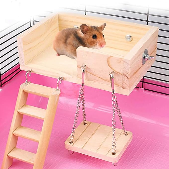 kathson Hamster Toy Set with Platform, Ladder, Swing - 5PCS Wooden Climbing Playground Accessories for Gerbils, Dwarf Hamsters, Rats, Chinchillas