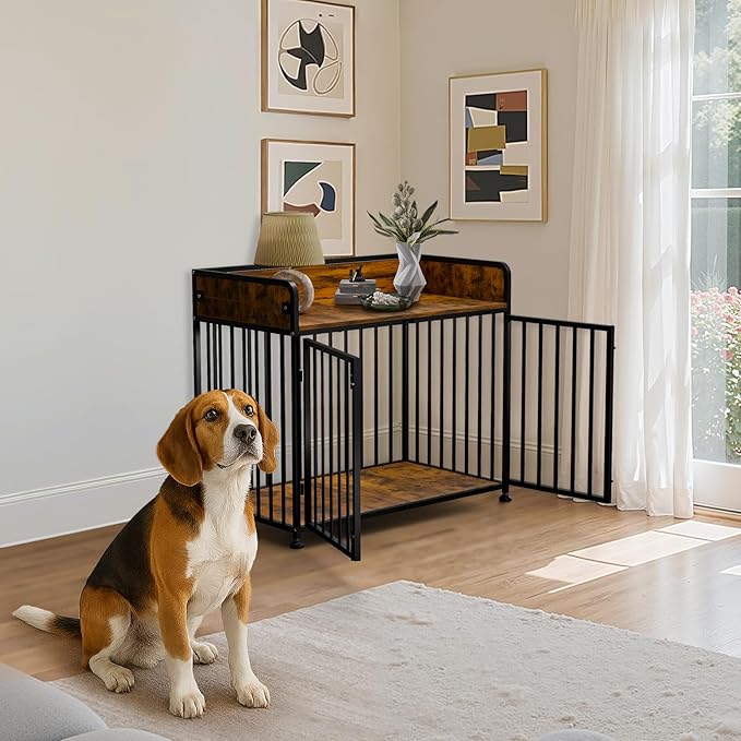 Dog Crate Furniture End Table with Table Guardrail, Heavy Duty Large Dogs Cage, 42 Inch Dog Kennel, Medium Large Dogs House Decorative Pet Crate Indoor