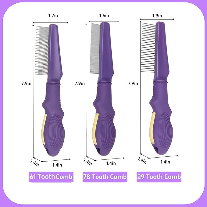 Temapex 3PCS Pet Comb for Grooming Long & Short Haired Cats & Dogs With Stainless Steel Metal Teeth for Removes Tangles & Flea, Non-Slip & Anti-Static Rubber Handle, Safe & Gentle