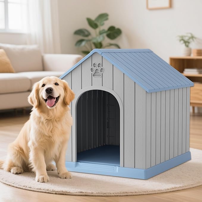 Large Outdoor Plastic Dog House - Indoor Outdoor Use for Medium & Large Dogs, Durable Waterproof Doghouse with Air Vents, Elevated Floor, Easy to Clean & Assemble(Blue2, 36.2''L×38''W×38''H)