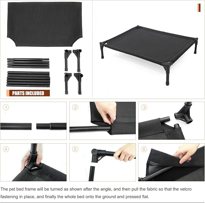 Elevated Dog Bed for Medium Dogs, Raised Dog Cot Beds Fits Up to 150 LBs, Heavy Duty Pet Cots with Durable Supportive Teslin Recyclable Washable Mesh, Indoor & Outdoor Dog Bed, Black