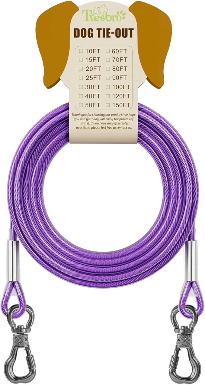 Tresbro 50FT Reflective Tie Out Cable for Dogs Up to 250 Pounds, Steel Wire Lead Leash Cable with Stainless Rotatable Buckle, Lightweight and Enduring, Dog Chains Outside for Outdoor, Yard, Purple