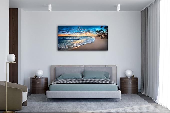 Jiuqinghua Canvas Prints Wall Art Blue Beach Ocean Landscape Paintings 1 panel Sunset Sea Waves Wall Decor Pictures Stretched and Framed for Living Room Bedroom and Office Home Decor Artwork