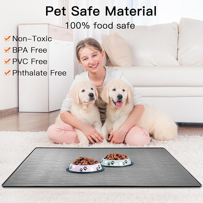 39.4"x29.5" Large Pet Food Mat, Silicone Dog Mats for Food and Water, Nonslip Pet Feeding Mats for Floors,Dog Cat Bowl Mat with Raised Edges, Black