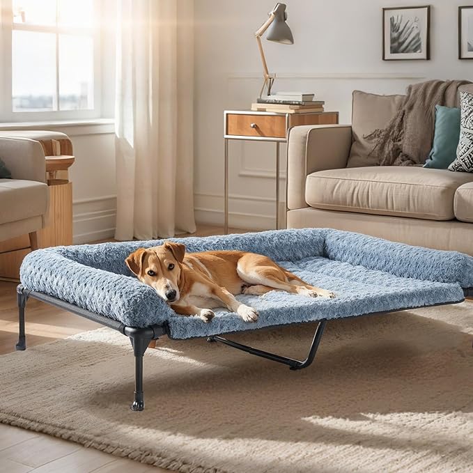 Veehoo Cooling Elevated Dog Bed Add Removable Deluxe Rose Plush Bolster Cushion Mat, 53" x 33" Washable Dog Couch Bed, Raised Pet Cot with Breathable Teslin Mesh, No-Slip Feet, Haze Blue, CWC2439B