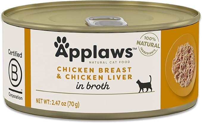 Applaws Natural Wet Cat Food in Broth, Limited Ingredient Canned Wet Cat Food, No Additives, Made with Natural Ingredients, Chicken Breast & Liver in Broth (24 x 2.47oz Cans)