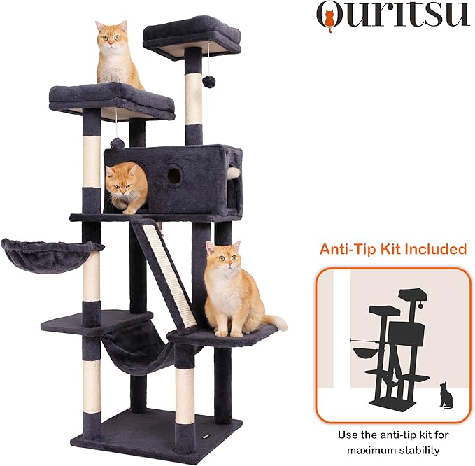 Ouritsu Cat Tree, 61 inch Tall Cat Tower for Large Cat Indoor, Enlarged Condo, 2 Padded Perches with 1 Widened, Large Hammock, Scratching Post and ramp, Fluffy Basket, Dark Gray, LF002DG