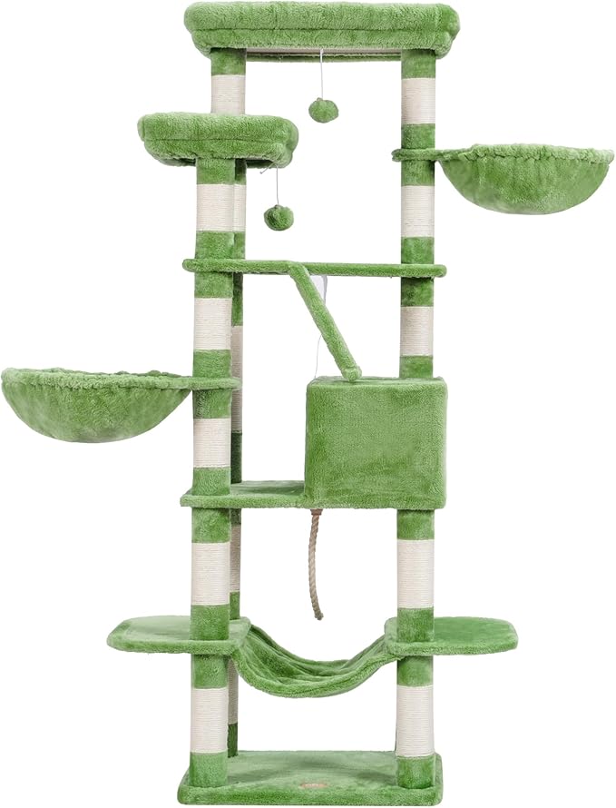 Heybly Cat Tree, 68 inch Multi-Level Cat Tower for Indoor Cats, 2 Widened Plush Perches Cat Condo with Scratching Board and Big Caves, Green HCT025GR