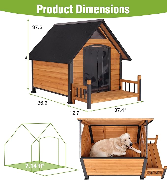 Large Dog House Outdoor Weatherproof with Porch, All-Metal Frame Chew-Proof Dog Kennel with Asphalt Roof, for Small Medium Large Dogs